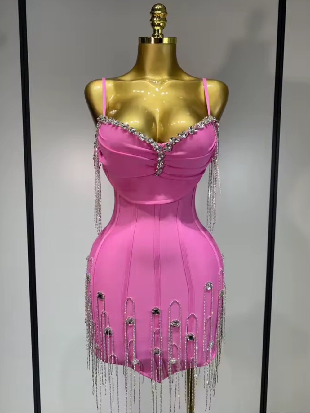 Sexy Hot Pink Rhinestone Mini Dress